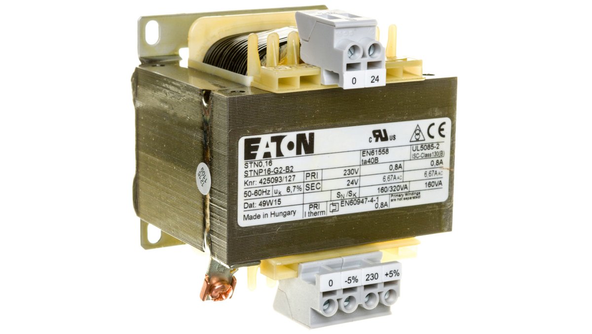 Control transformer, 160VA, 1p, primary 230V, secondary 24V.  STN0,16(230/24)
