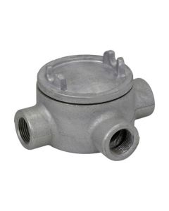 Eaton Crouse-Hinds series Condulet GUA conduit outlet box with cover, 5" cover opening diameter, Feraloy iron alloy, T shape, 1-1/2"