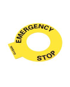 Legend Plate, 60mm Round, Universal: EMERGENCY STOP, Yellow with Black Legend Text, 30.5mm Opening, 1 Per Package
