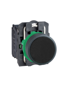 Push button, plastic, flush, black, 22, spring return, unmarked, 1 NO
